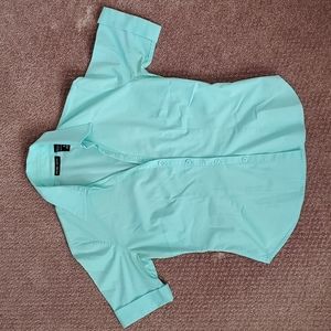 Women's Short Sleeve Strech Button Down, V-neck Blouse